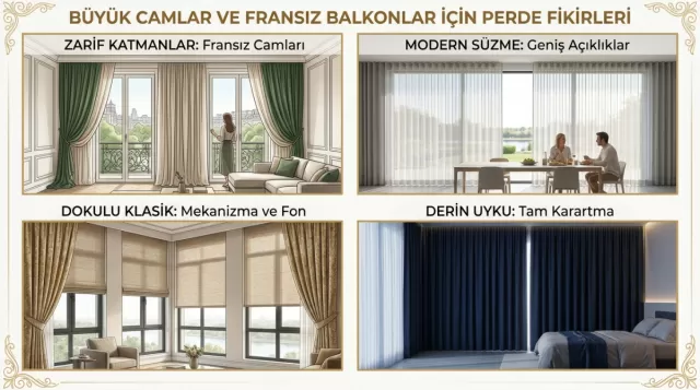 Geniş pencere ve büyük camlar için hangi perde seçilmeli? Fransız balkonlar ve yere kadar uzanan camlar için tül, fon ve stor perde fikirleri bu rehberde.