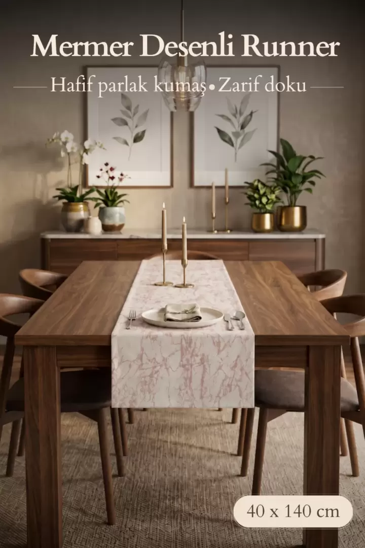 Lüx Damarlı Saten Runner Kahverengi 40 x 140 (Pudra - Ekru)