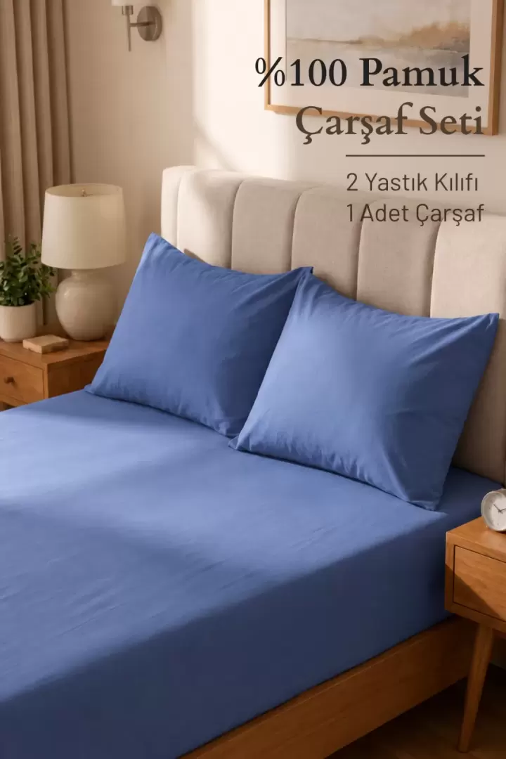 Çift Kişliik 100% Pamuk Penye Nefes Alabilen Kumaş Lastikli Çarşaf 2 ADET YASTIK KILIFI HEDİYE Mavi Renk (Mavi)