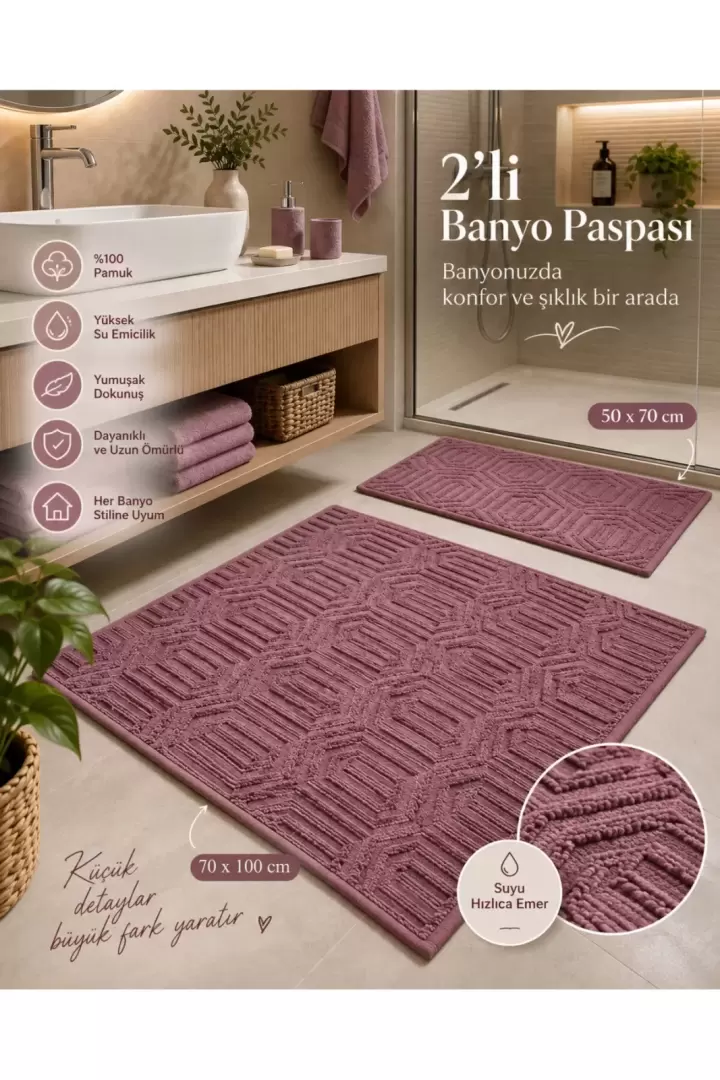 2li Banyo Paspas Takımı Bej Yumuşak Makinada Yıkanabilir 50x70 ve 70x100 (Gül Kurusu)