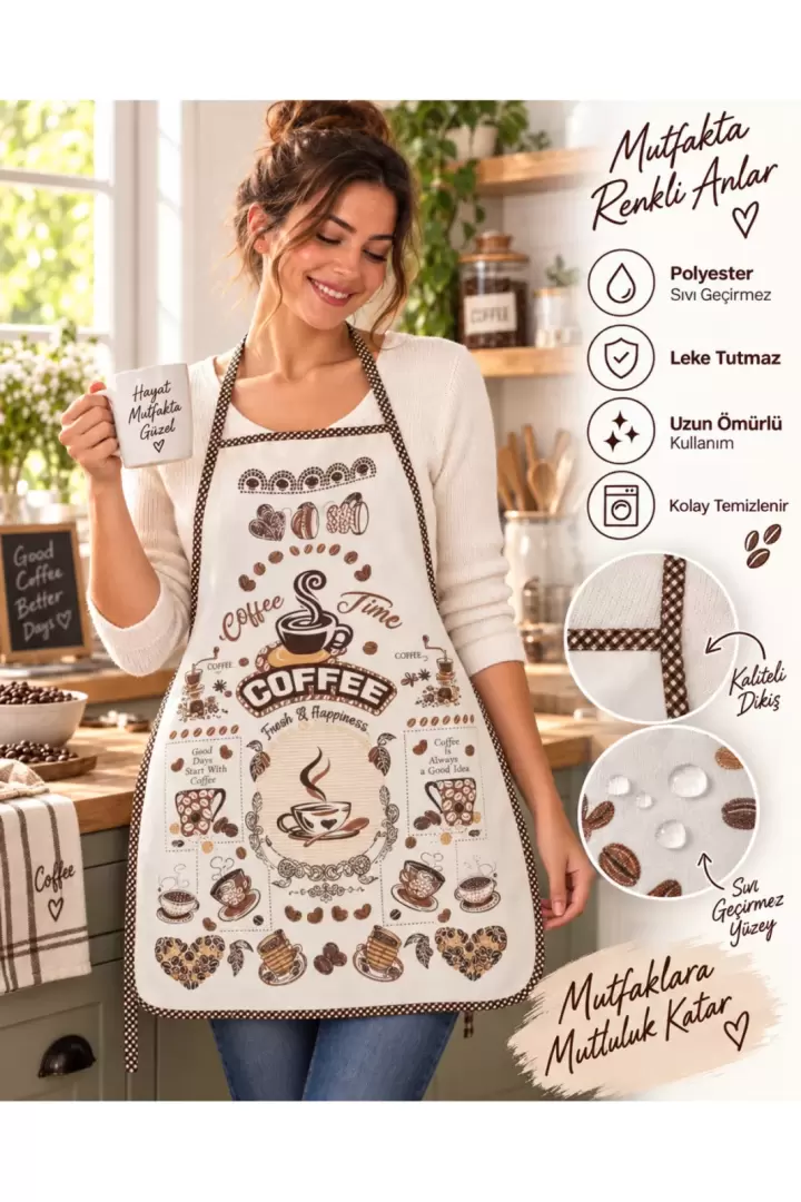 Yeşil Olive Desenli Mutfak Önlüğü Leke Tutmaz Sıvı Geçirmez Temizlenebilir Fırsat Ürün (Coffee)