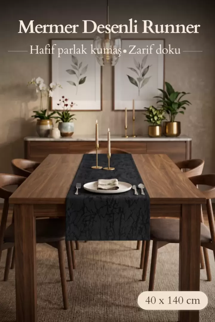 Lüx Damarlı Saten Runner Kahverengi 40 x 140 (Siyah)