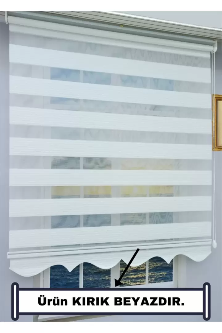 KIRIK BEYAZ Pliseli Zebra Stor Perde - Eteği DİLİMLİ - Alüminyum Kasa ve Boru (Beyaz)