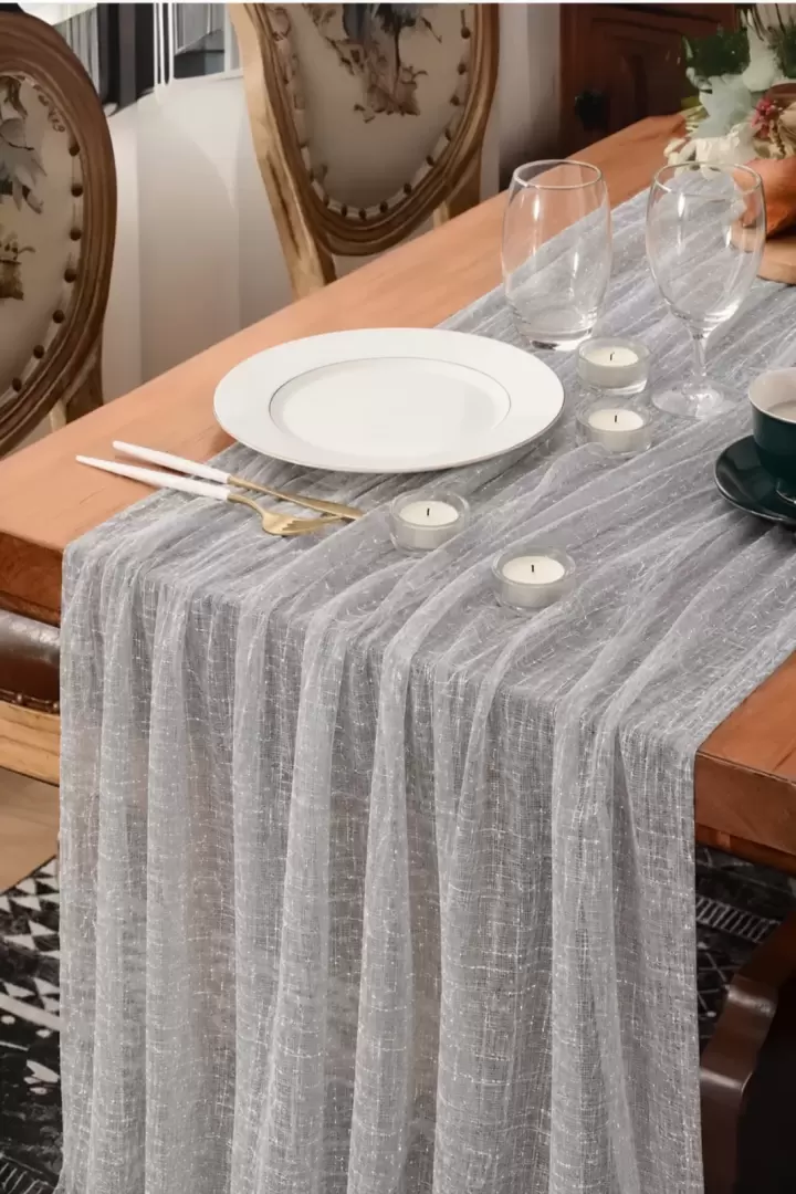 Bohem Runner Masa Örtüsü Simli Gri Modern Ev Dekoru Düğün Nişan Özel Gün Masa Örtüsü Çeyiz Seti (Gri)