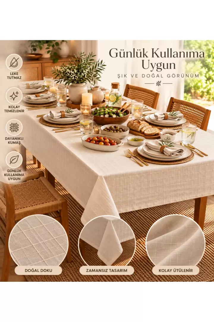 140x140 Kareli Buldan İşi Masa Örtüsü Doğal Bohem Tarz Kış Bahçesi Mutfak Salon Yemek Masası Dekoratif (Ekru)