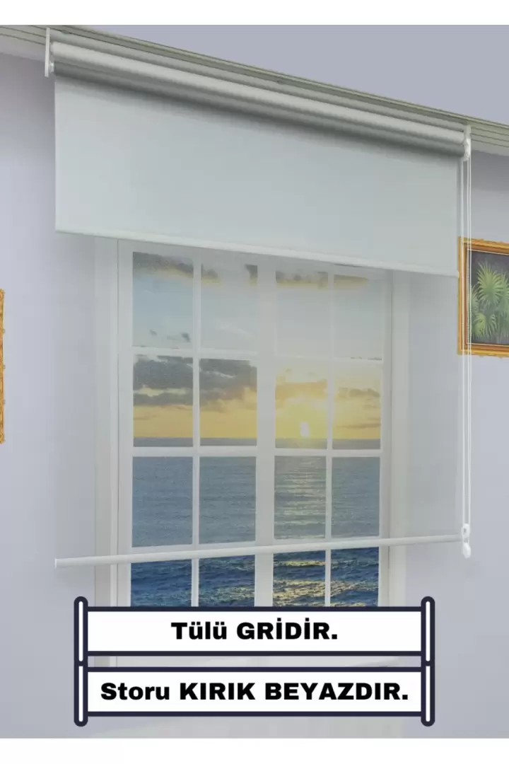 Çift Mekanizmalı TÜL+STOR Güneşlik Perde – Çiftli Sistem - 2 Perde TEK ÜRÜN! (GRİ-DÜZ)
