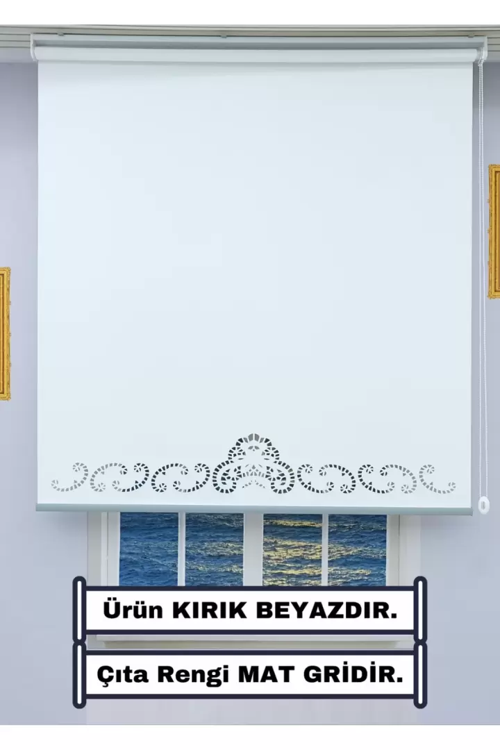 DEKORATİF ÇITA Detaylı LAZER STOR Perde (KIRIK BEYAZ) - KALIN Stor Kumaşı - 20 CM Lazer Yüksekliği (MAT GRİ)