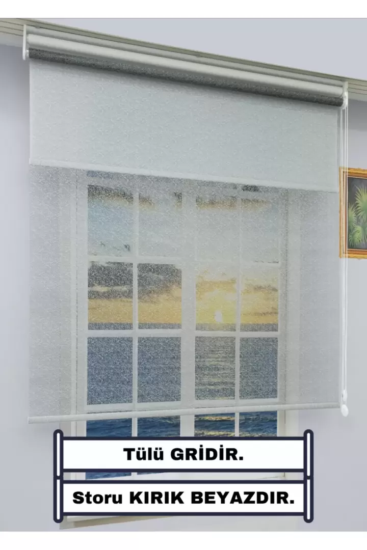 Çift Mekanizmalı TÜL+STOR Güneşlik Perde – Çiftli Sistem - 2 Perde TEK ÜRÜN! (GRİ BEYAZ-DÜZ)