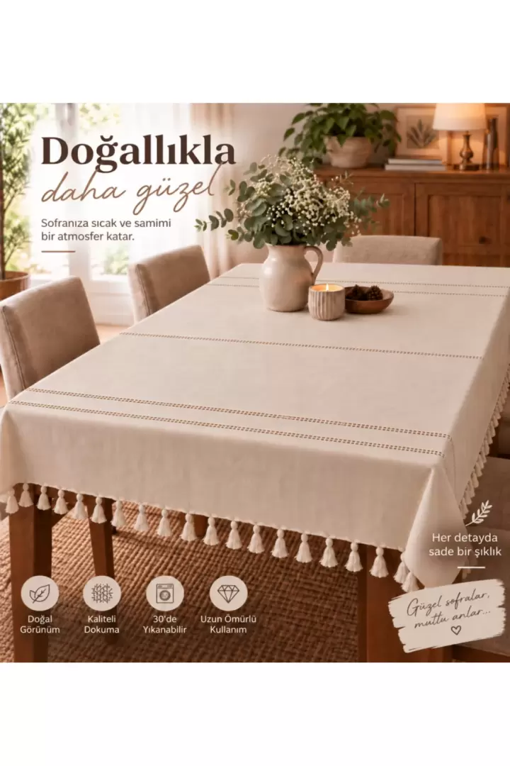 Premium Püsküllü Bohem Organik Hasır Masa Örtüsü Kış Bahçesi Masa Aksesuar Örtü %100 Keten - Hasır