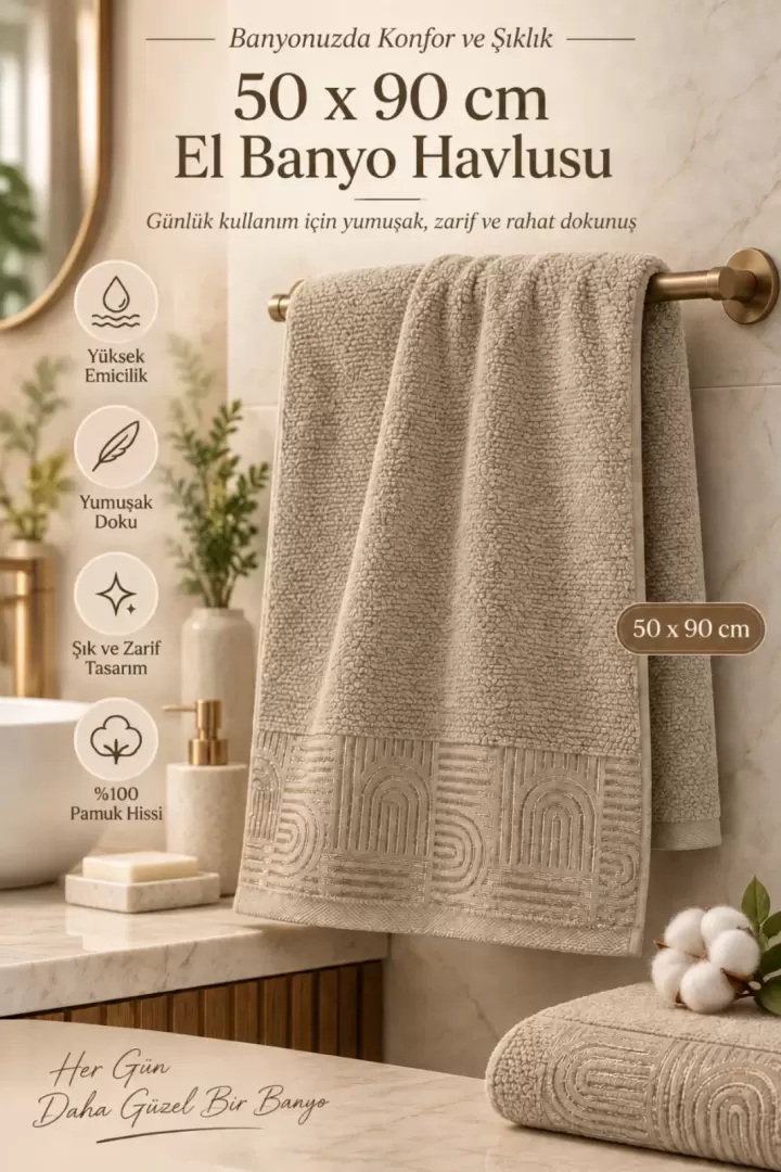 Lüx Desenli El Yüz Banyo Havlusu %100 Pamuk 1 Adet Su Emicili Koku Yapmaz Gelin Evi Mürdüm Renk (Vizon)