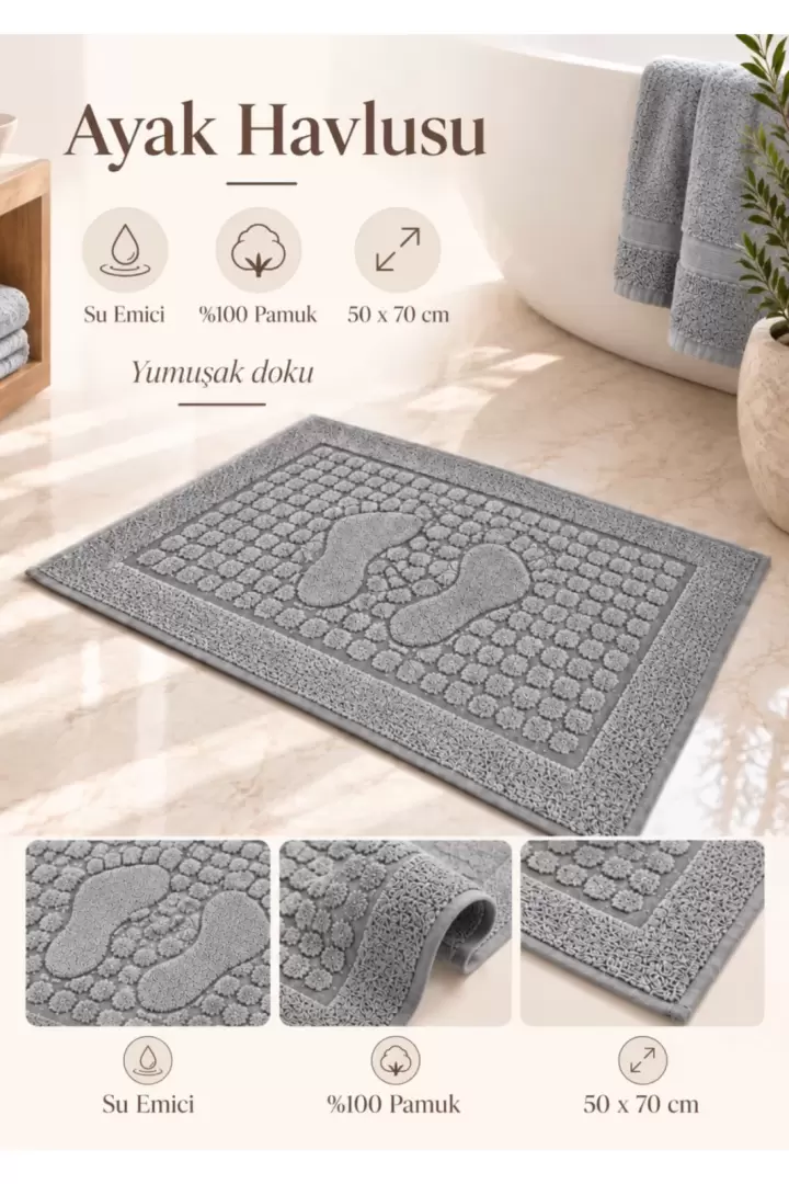 Banyo Paspası 1 Adet Ayak Havlusu Su Emicili %100 Pamuklu Otel Banyo Havlusu Ayak 50x70 Eflatun (Gri)