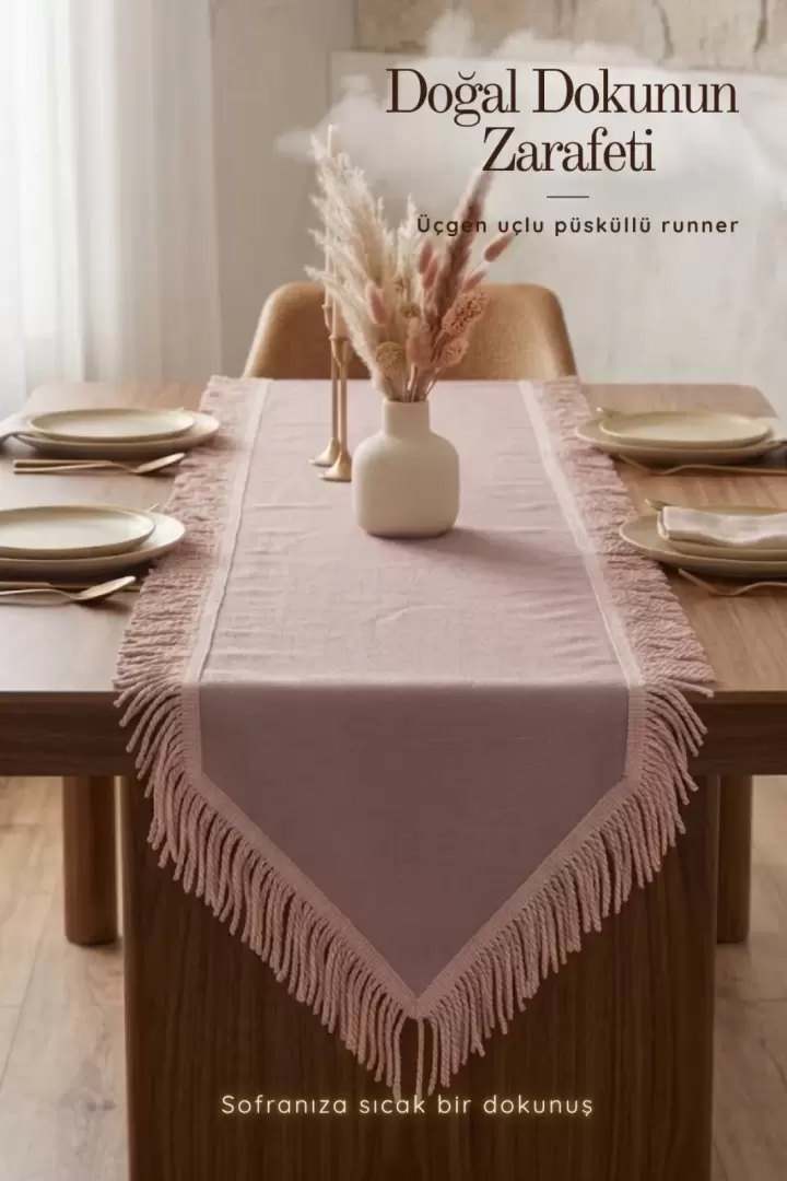 Püsküllü Bohem Üçgen Runner Keten Dokulu Dekoratif Masa Örtüsü Pudra 40 x 140 - Pudra