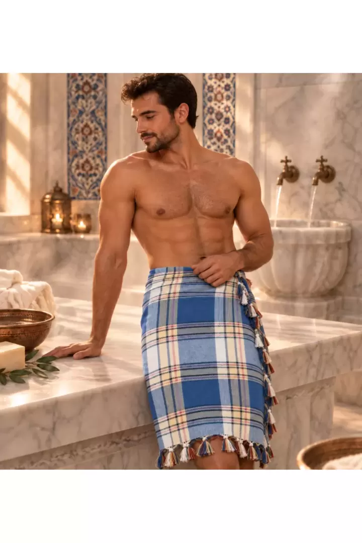 Geleneksel Püsküllü Mavi Hamam Peştemali Hızlı Kuruyan Sauna Spa Gelin Hamamı Havuz Osmanlı - Mavi