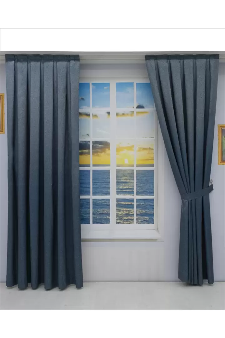 Pileli Fon Perde (80x250+260 cm) - ÇİFT KANAT GÖNDERİLİR - Spor Düz Modern Tasarım (LACİVERT - MAVİ)
