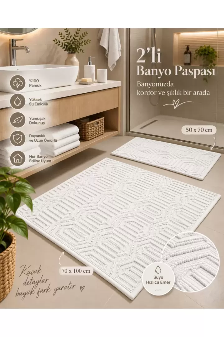 2li Banyo Paspas Takımı Bej Yumuşak Makinada Yıkanabilir 50x70 ve 70x100 (Ekru)