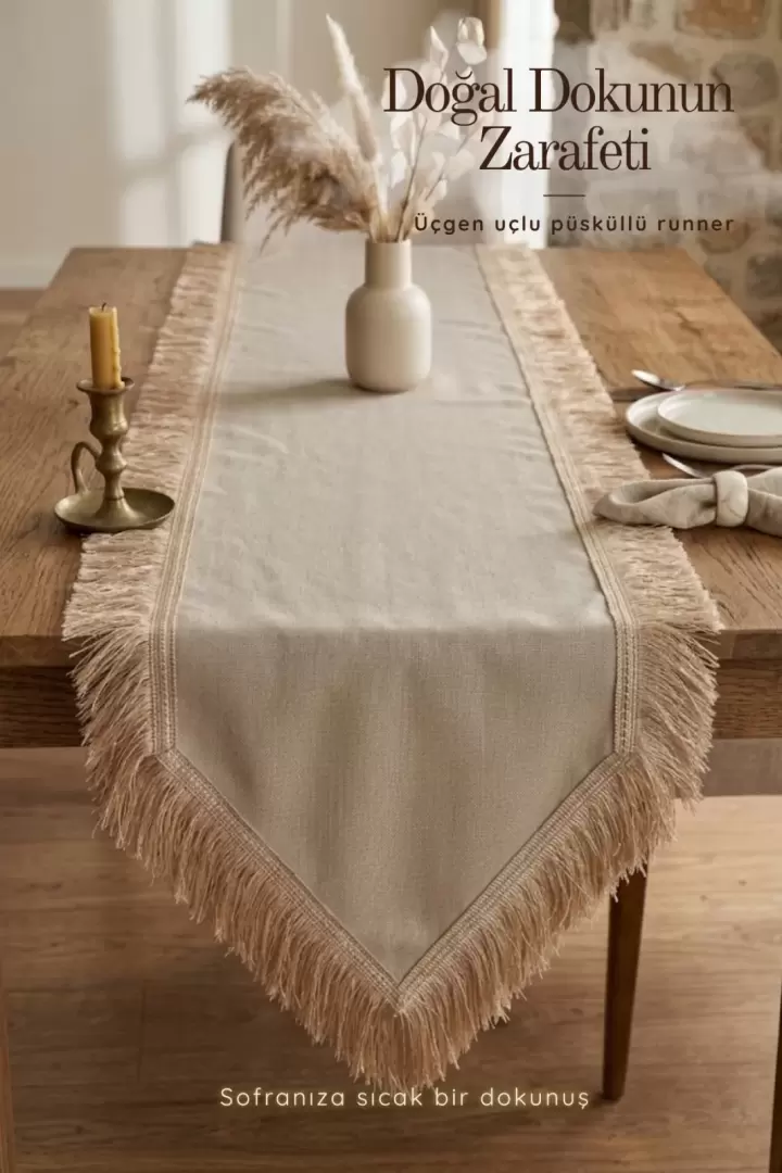 Püsküllü Bohem Üçgen Runner Keten Dokulu Dekoratif Masa Örtüsü Pudra 40 x 140 (Bej)