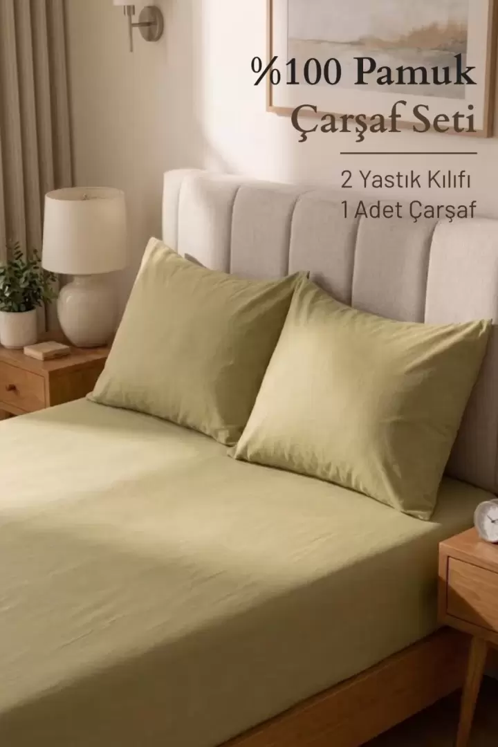 Çift Kişilik 100% Pamuk Penye Nefes Alabilen Kumaş Lastikli Çarşaf 2 ADET YASTIK KILIFI HEDİYE Yeşil Renk (Yeşil)