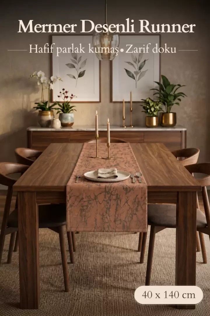 Lüx Damarlı Saten Runner Kahverengi 40 x 140 - Kahverengi
