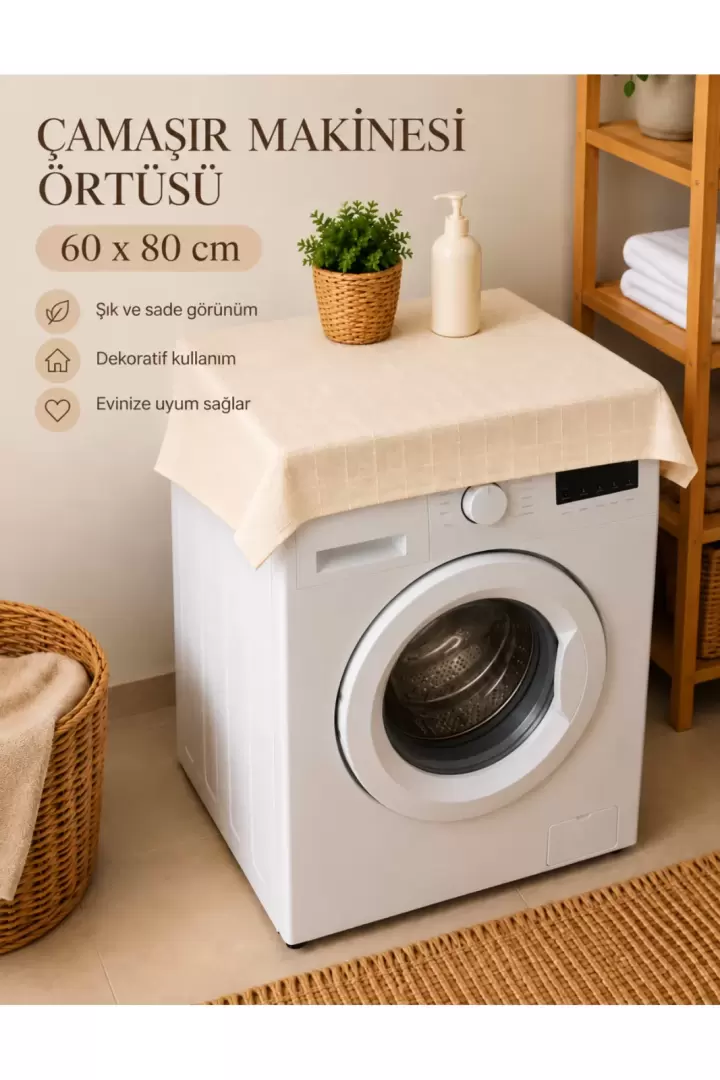 Pamuklu Buldan Kumaş Çamaşır Makinesi Örtüsü Kare Dokulu Dekoratif Koruyucu Örtü 60 x 80 (Ekru)