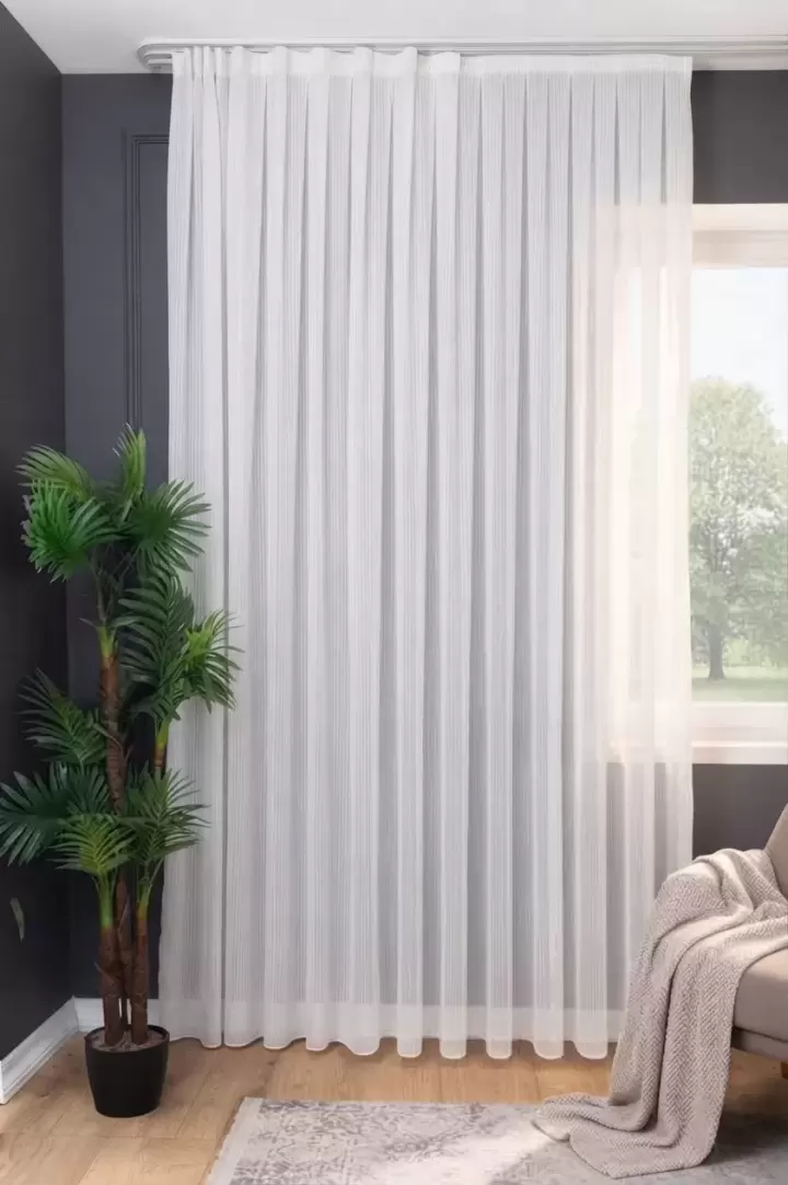 Hayal Çizgili Simli Tül Perde (Ekru (Kırık Beyaz))