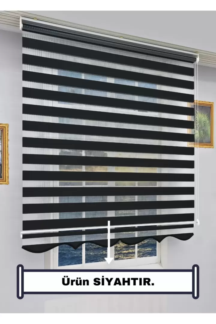 Zebra Stor Güneşlik Perde - TEK PERDE 2 FONKSİYON (TÜL+GÜNEŞLİK) - Alüminyum Aksam (SİYAH-ETEKLİ)
