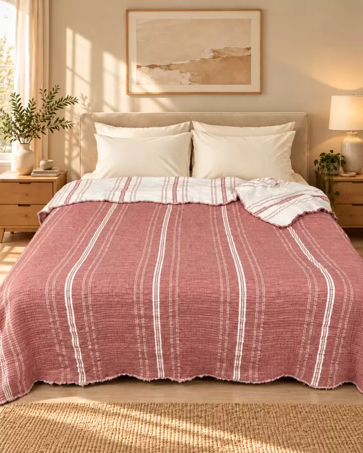SARRA HOME ÇİFT KİŞİLİK MÜSLİN YATAK ÖRTÜSÜ - ÇİZGİLİ (Kiremit)