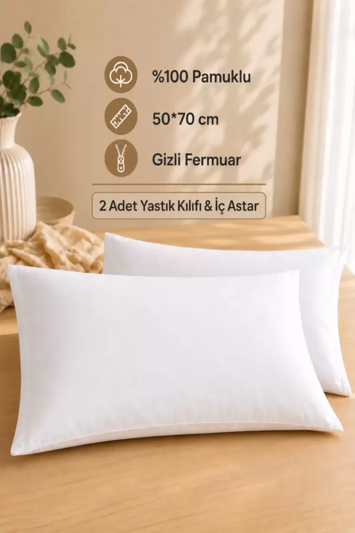 Yastık İç Astarı Yastık Kılıfı %100 Pamuk 2 ADET Gizli Fermuar Uzun Ömürlü Yastık Şiltesi Garanti (Beyaz)
