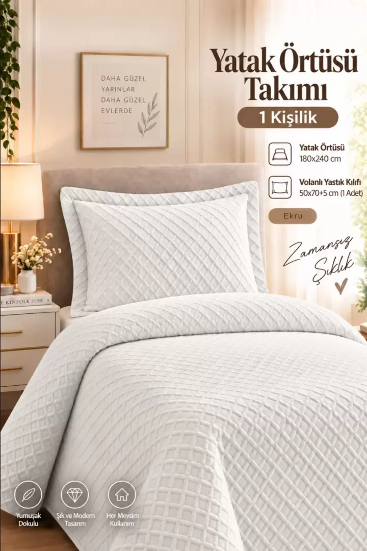 Premium Antrasit Tek Kişilik Nevresim Takımı + Yastık (Çarşafsız) Genç Odası Öğrenci (Ekru)