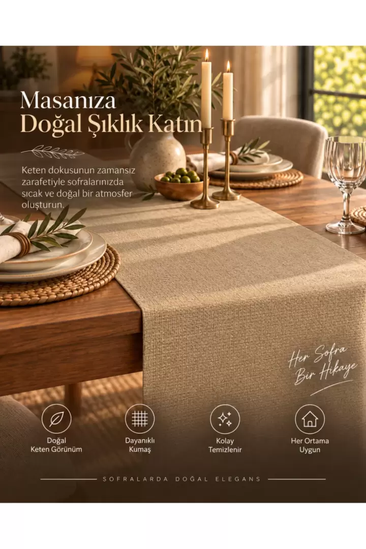 Ekru Runner Bohem Masa Örtüsü %100 Keten Dekoratif Düğün Parti Söz Nişan Dekorasyonu Otel (Bej)