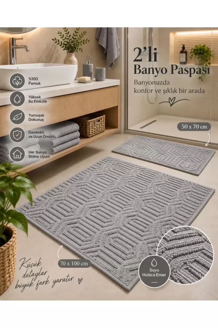 2li Banyo Paspas Takımı Bej Yumuşak Makinada Yıkanabilir 50x70 ve 70x100 (Gri)