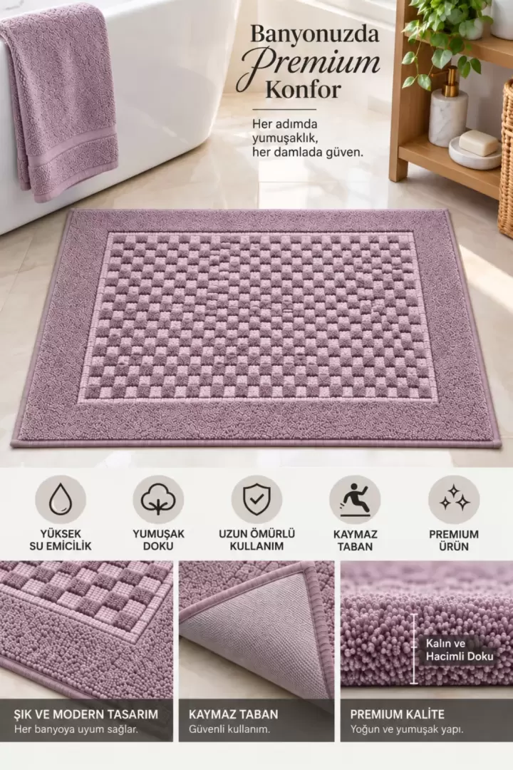 Premium Banyo Paspası %100 Pamuk Su Emici Yumuşak Dokulu Hızlı Kuruyan Ekru-Kahve (Lila)