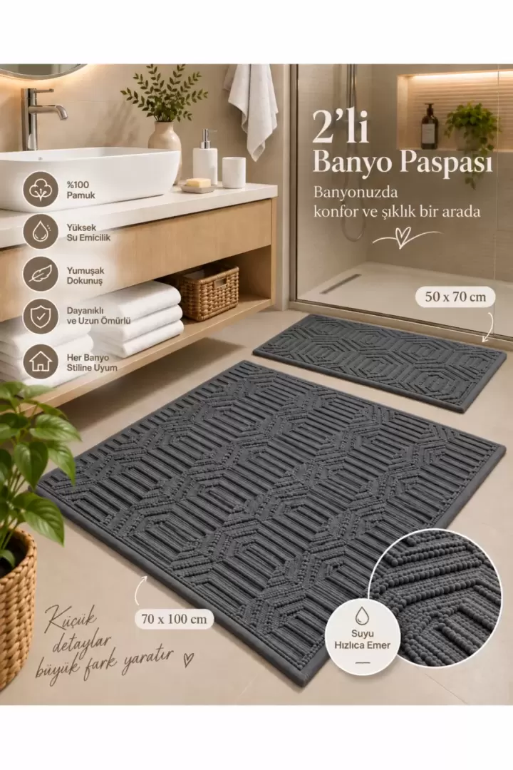 2li Banyo Paspas Takımı Bej Yumuşak Makinada Yıkanabilir 50x70 ve 70x100 (Antrasit)