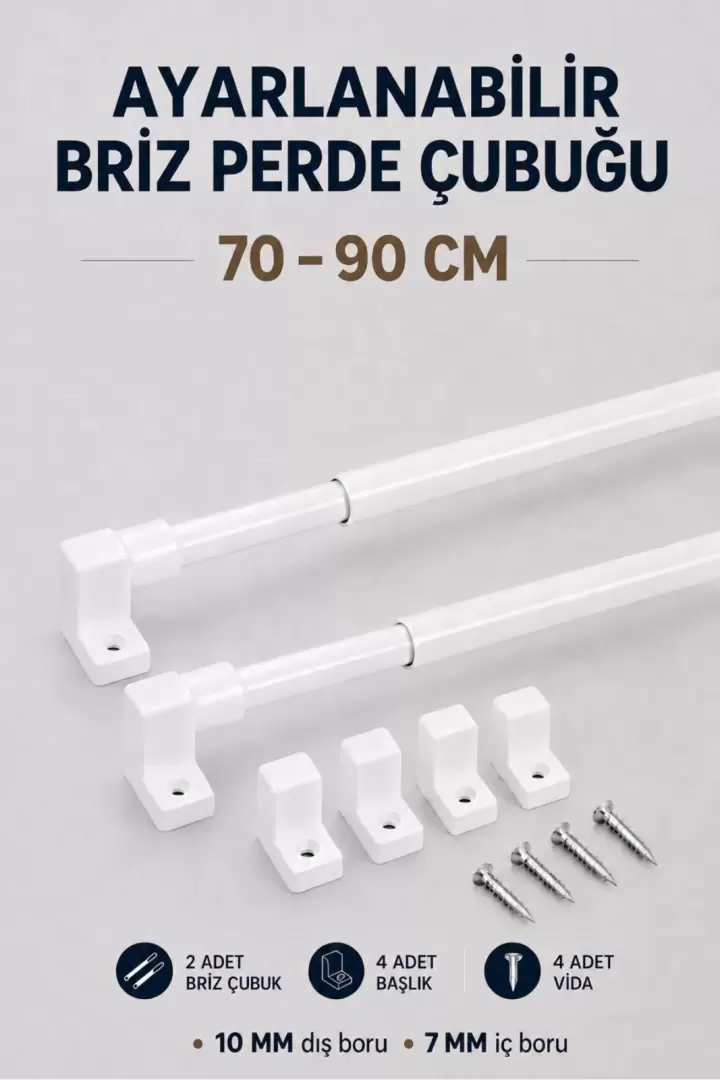 Ayarlanabilir Briz Perde Çubuğu | 2 Adet Alüminyum Teleskopik Pencere Çubuğu | 4 Başlık | 4 Vida (70-90 cm BEYAZ)