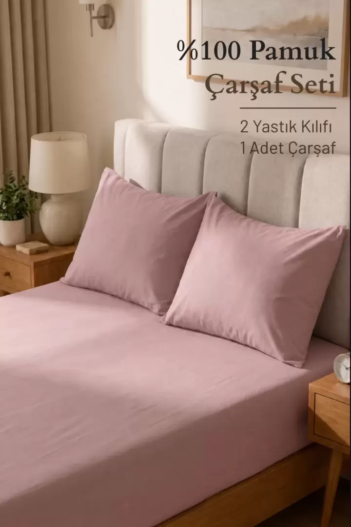 Çift Kişliik 100% Pamuk Penye Nefes Alabilen Kumaş Lastikli Çarşaf 2 ADET YASTIK KILIFI HEDİYE Pudra Renk (Pudra)