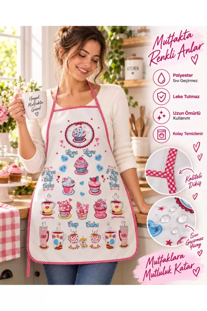 Yeşil Olive Desenli Mutfak Önlüğü Leke Tutmaz Sıvı Geçirmez Temizlenebilir Fırsat Ürün (Pembe Cup Cake)