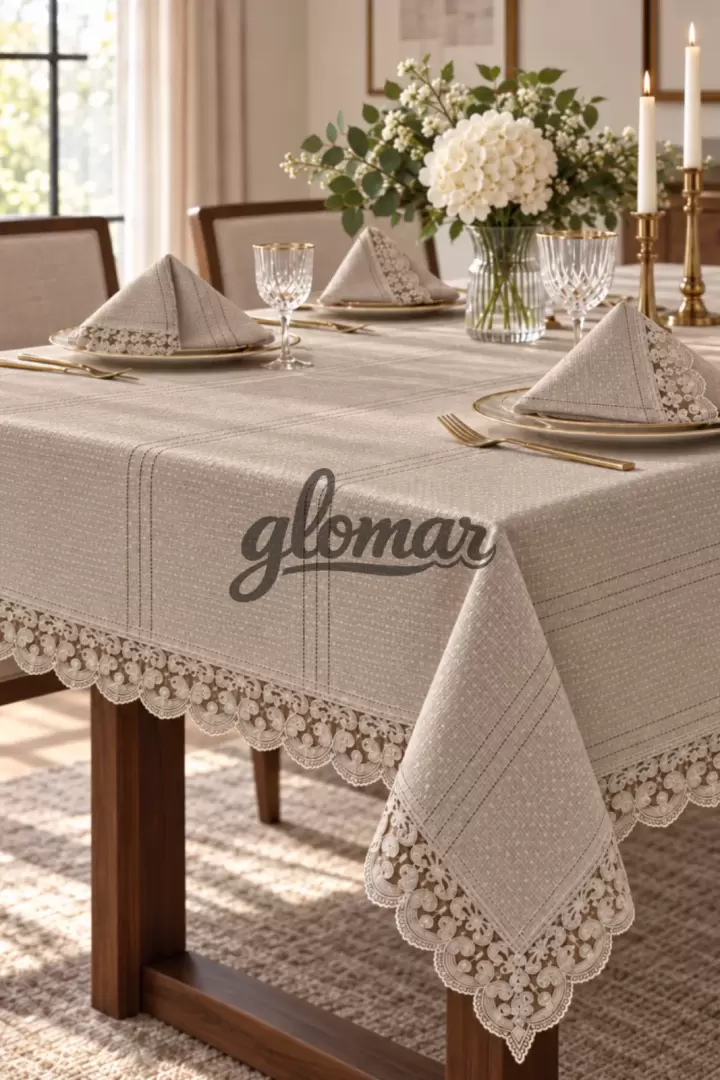 Premium Dantelli Ekru / Kırık Beyaz Masa Örtüsü %100 Polyester Yemek Masa Örtüsü Fisto Kenarlı Tek (Bej)
