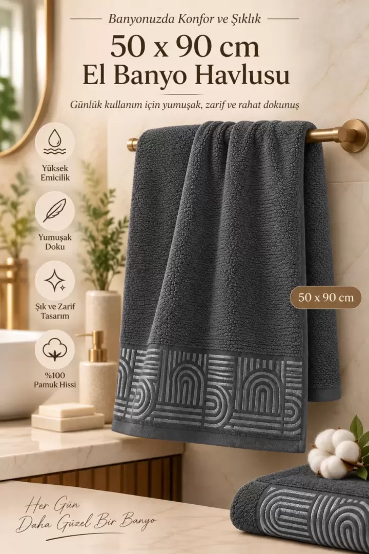 Lüx Desenli El Yüz Banyo Havlusu %100 Pamuk 1 Adet Su Emicili Koku Yapmaz Gelin Evi Mürdüm Renk (Antrasit)
