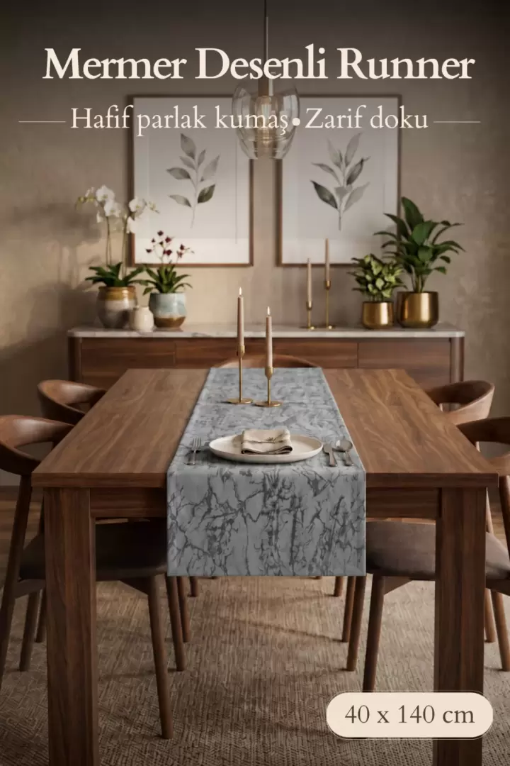 Lüx Damarlı Saten Runner Kahverengi 40 x 140 (Gri)
