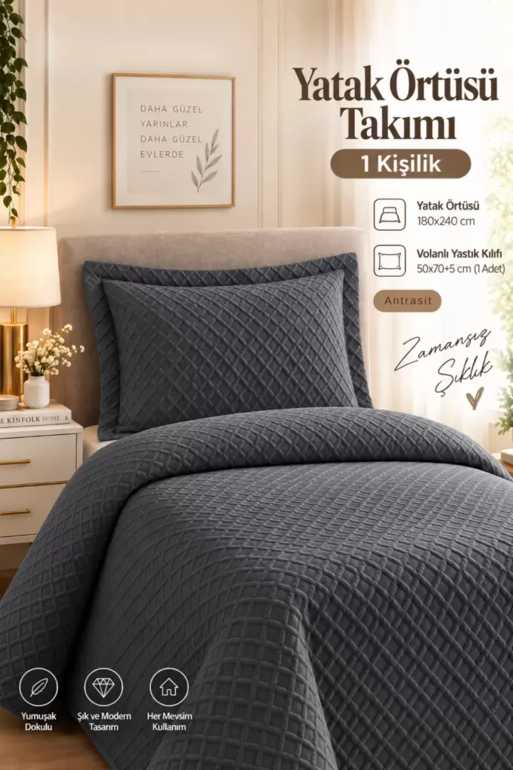 Premium Antrasit Tek Kişilik Nevresim Takımı + Yastık (Çarşafsız) Genç Odası Öğrenci - Antrasit