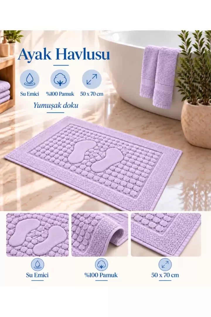 Banyo Paspası 1 Adet Ayak Havlusu Su Emicili %100 Pamuklu Otel Banyo Havlusu Ayak 50x70 Eflatun (Eflatun)