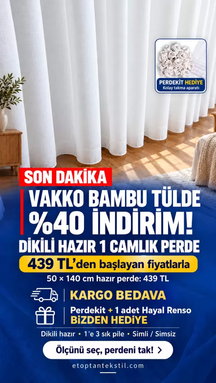 Sık Pile Hazır Dikili Vakko Bambu + Perdekit ve Hayal Renso Dahil Tül Perde (Simsiz)