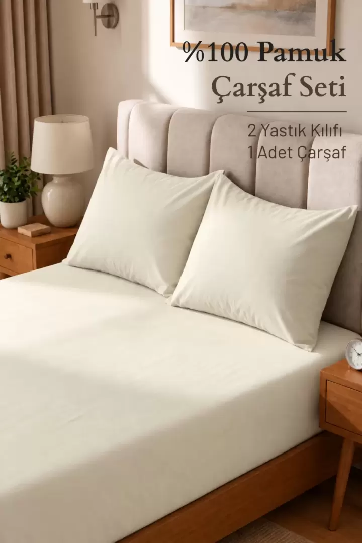 100% Pamuk Penye Nefes Alabilen Kumaş Lastikli Çarşaf 2 ADET YASTIK KILIFI HEDİYE Krem Renk (Krem)