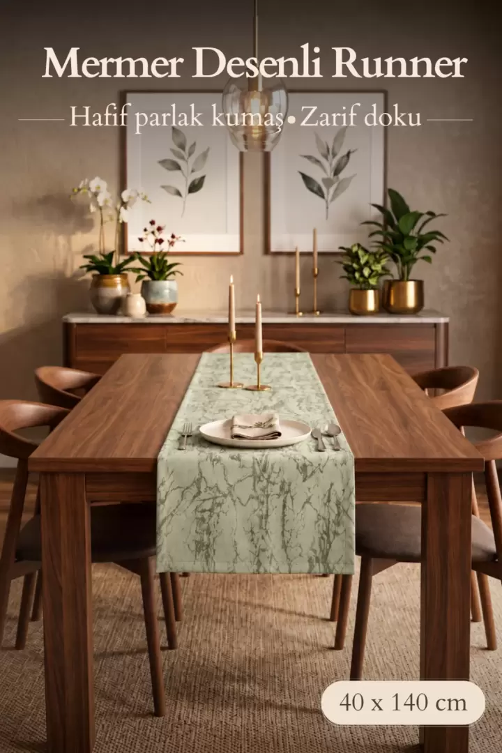 Lüx Damarlı Saten Runner Kahverengi 40 x 140 (Yeşil)