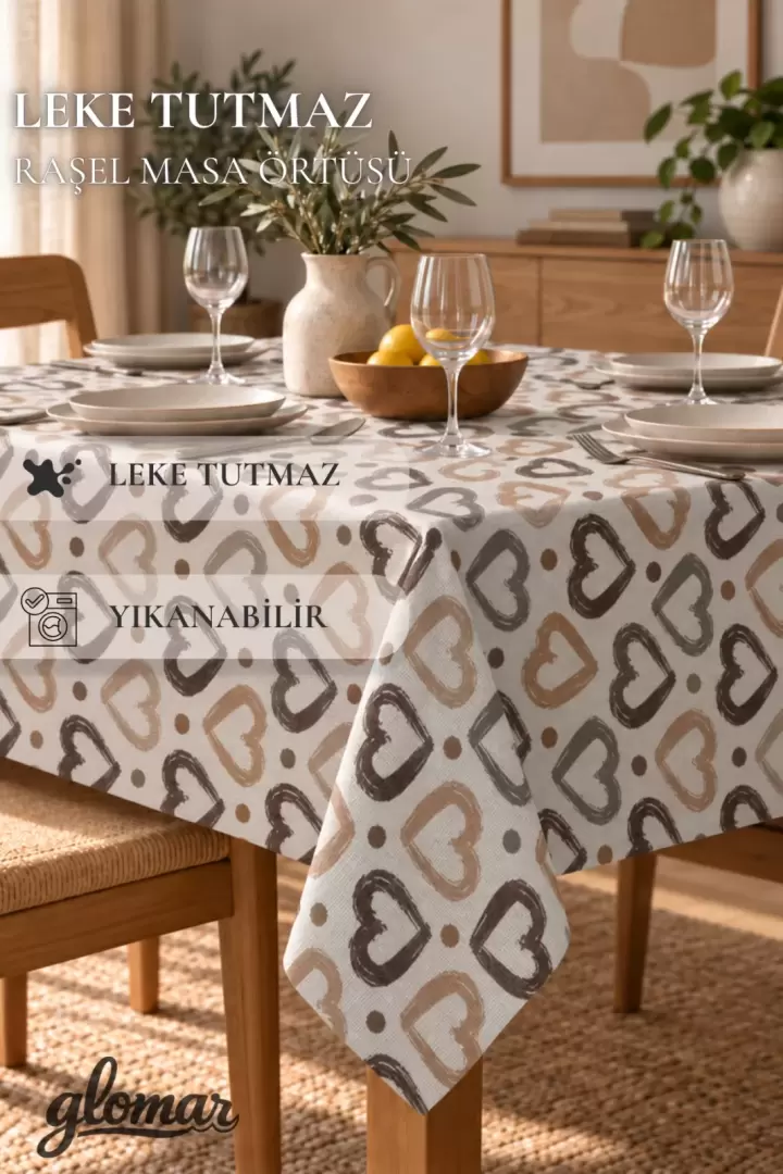 Leke Tutmayan Dertsiz Masa Örtüsü Raşel Kumaş Mavi Papatya Mutfak Masası Balkon Masası 160x160 (Kalp Desenli)