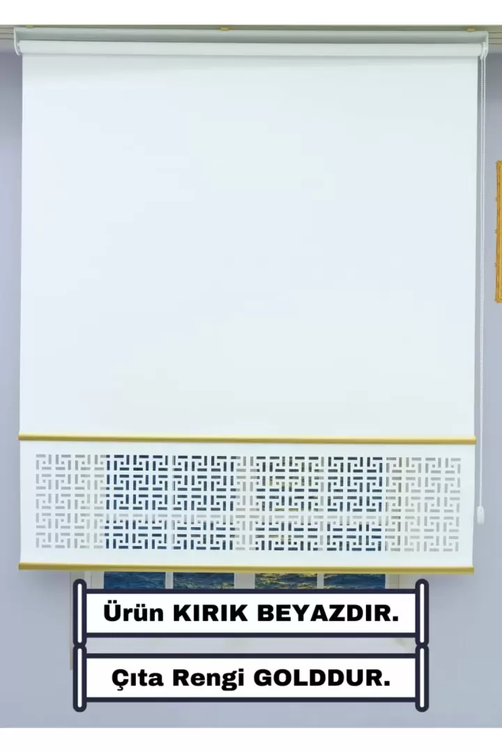 Lazer Stor Perde - Kırık Beyaz Mat Stor Kumaşı - Renkli Çıta Detaylı - 30 cm Lazer Yüksekliği (Gold)