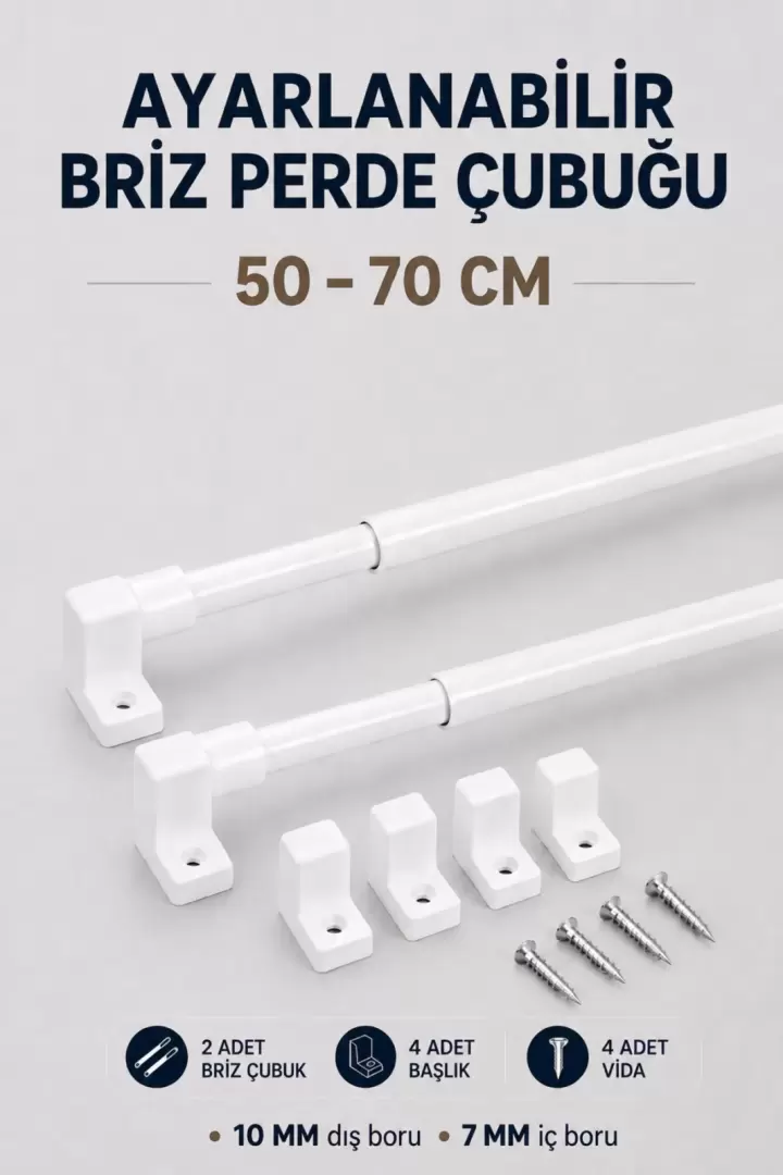 Ayarlanabilir Briz Perde Çubuğu | 2 Adet Alüminyum Teleskopik Pencere Çubuğu | 4 Başlık | 4 Vida (50-70 cm BEYAZ)
