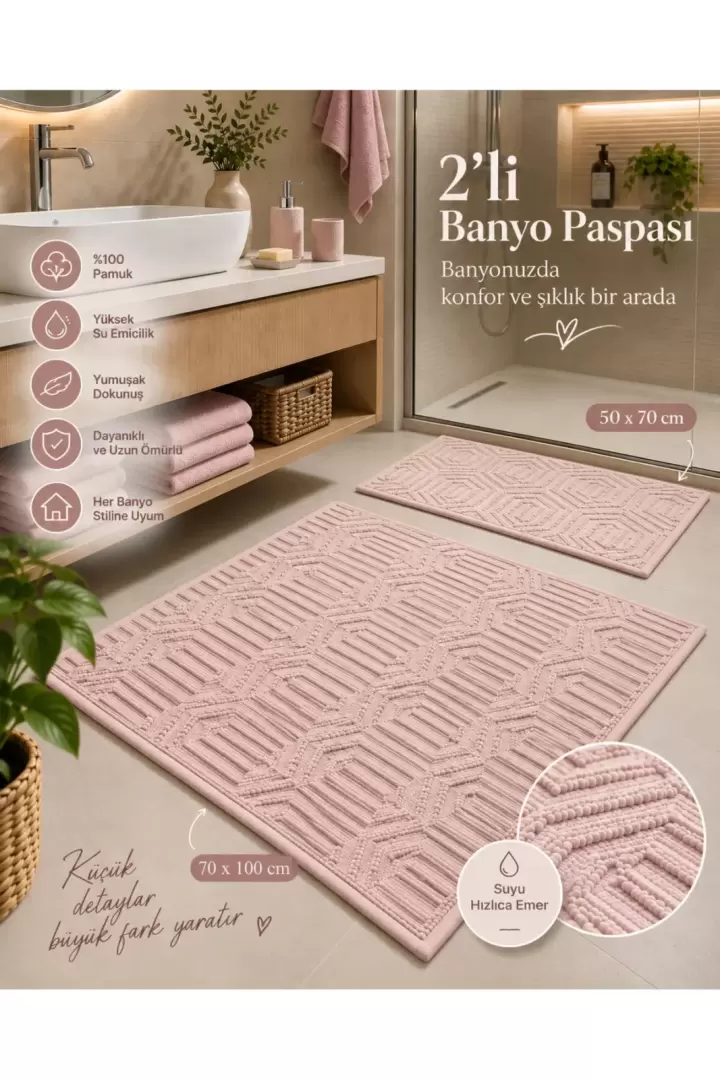2li Banyo Paspas Takımı Bej Yumuşak Makinada Yıkanabilir 50x70 ve 70x100 (Pudra)