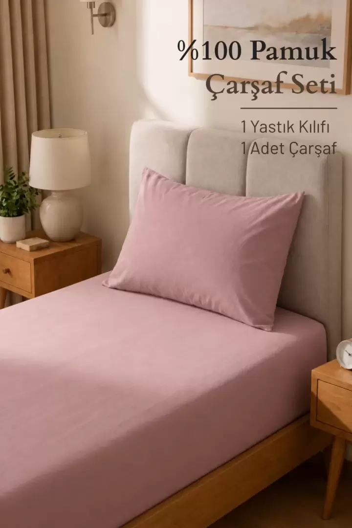 Tek Kişilik Pamuk Penye Nefes Alabilen Kumaş Lastikli Çarşaf 1 ADET YASTIK KILIFI HEDİYE Mavi (Pudra)