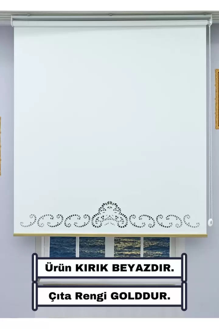 DEKORATİF ÇITA Detaylı LAZER STOR Perde (KIRIK BEYAZ) - KALIN Stor Kumaşı - 20 CM Lazer Yüksekliği (GOLD)