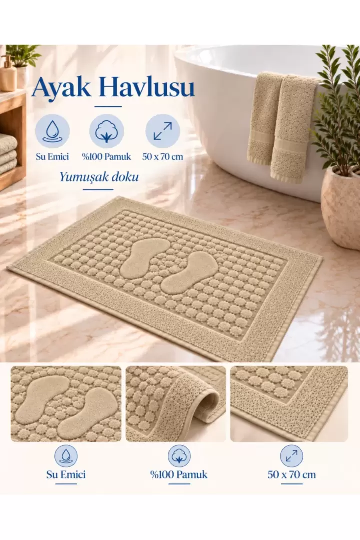 Banyo Paspası 1 Adet Ayak Havlusu Su Emicili %100 Pamuklu Otel Banyo Havlusu Ayak 50x70 Eflatun (Hardal)